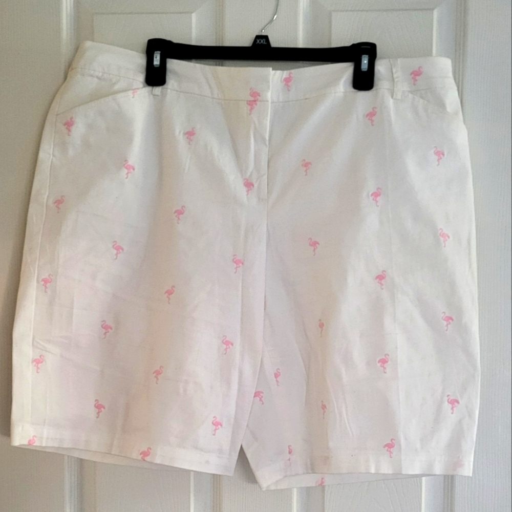Charter Club White Shorts with Pink Flamingo Design - Picture 2 of 4